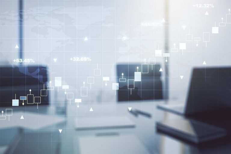 Abstract creative financial graph with world map and modern desktop with computer on background, forex and investment concept